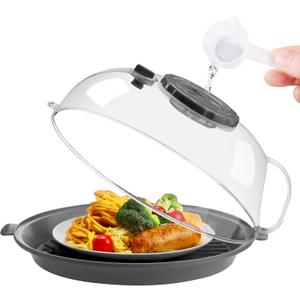 Microwave Splatter Cover Lid for Food 10.2 Inch with Water Steamer, Clear Microwave Splash Guard Cooker Lid with Plate, Dish Bowl Plate Serving Cover Cookware High Transparent Plastic Grey