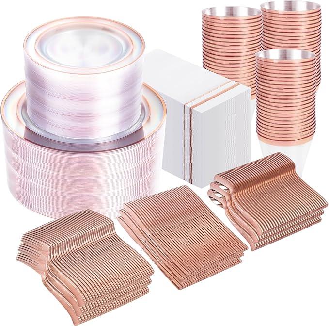 GATHER 700PCS Rose Gold Plastic Plates - Clear Rose Gold Rim Disposable Dinnerware Set Includes 200 Plates, 300 Silverware, 100 Napkins, 100 Cups for Party & Wedding