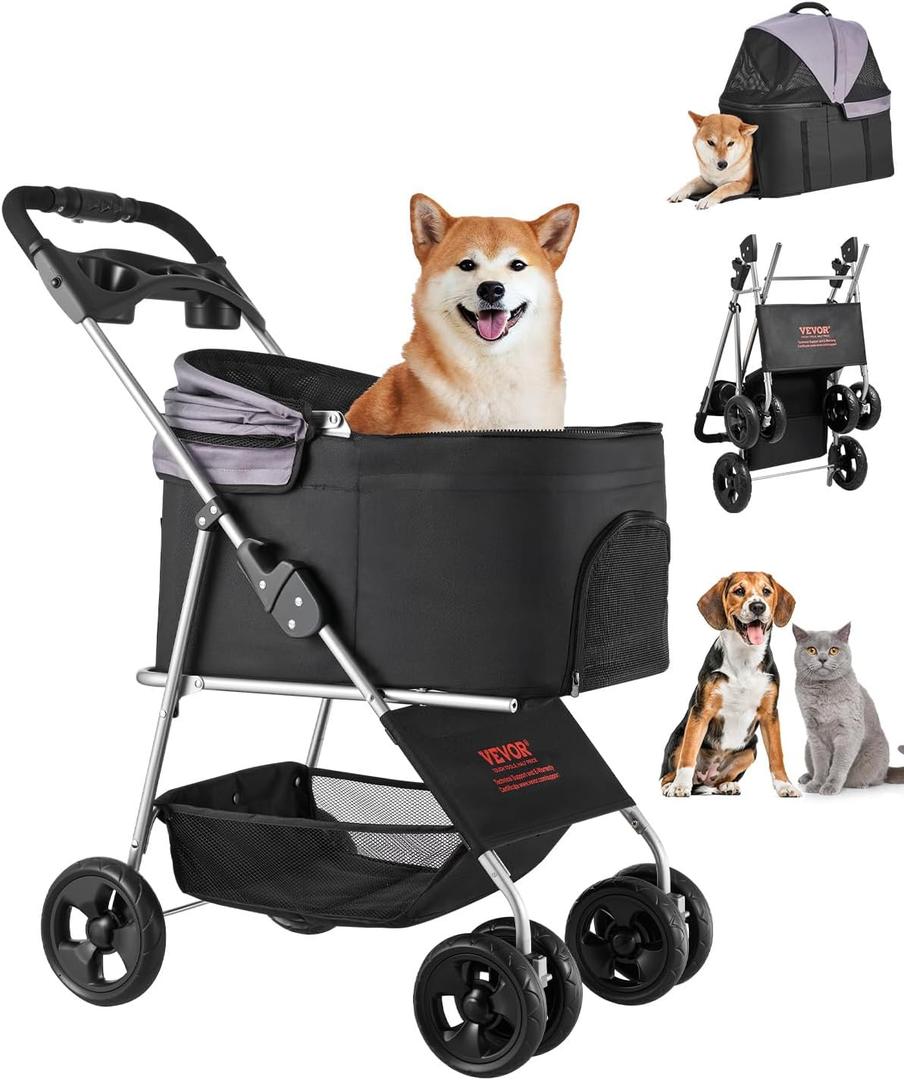 VEVOR Pet Stroller, 35 lbs Weight Capacity, Foldable Dog Stroller Cart, 4 Wheels Cats Strollers with with Detachable Carrier & Mesh Windows, Portable Design with Brake for Small to Medium Pets