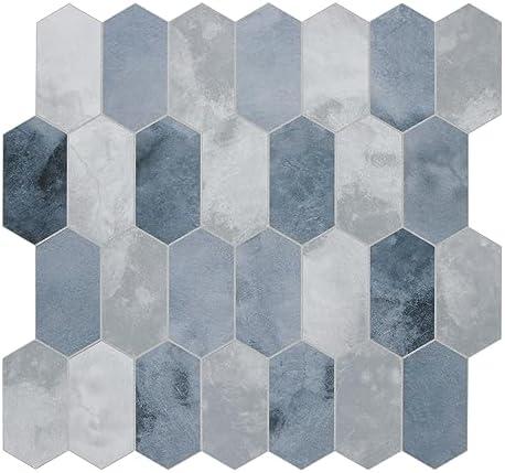 The Tiles Plaza 10-Sheet Peel and Stick Backsplash, Blue Cement Long Hexagon Self Adhesive Wall Tile, Stone Composite Stick On Decorative Mosaic Tile for Kitchen Bathroom Fireplace