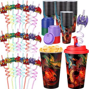 Yungyan 16 Sets Dragon Party Favors Goodie Cups with Lids and Straws for Birthday Decorations Reusable 16oz Plastic Candy Cups Plastic Straws for Birthday Party (Dragon)