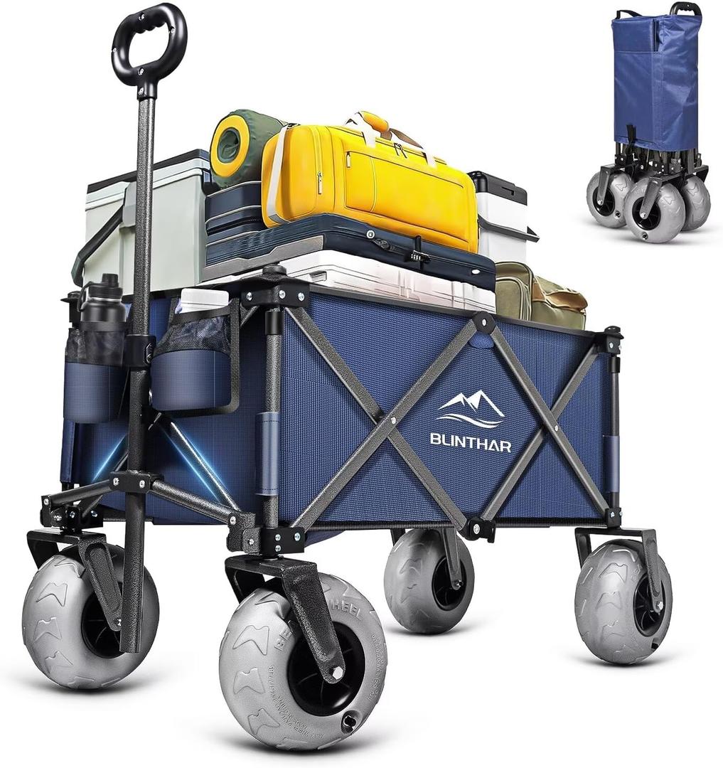 Beach Wagon with Big Wheels for Sand, Heavy Duty Collapsible Folding Wagon with All-Terrain 9" Pneumatic Tires & Drink Holders, Utility Wagon for Garden Sports Camping Outdoor Activities (Navy Blue)