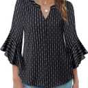 Bebonnie Womens Tops Dressy Casual Ruffle 3/4 Sleeve Henley V Neck Chiffon Blouses with Buttons (Black, XL)