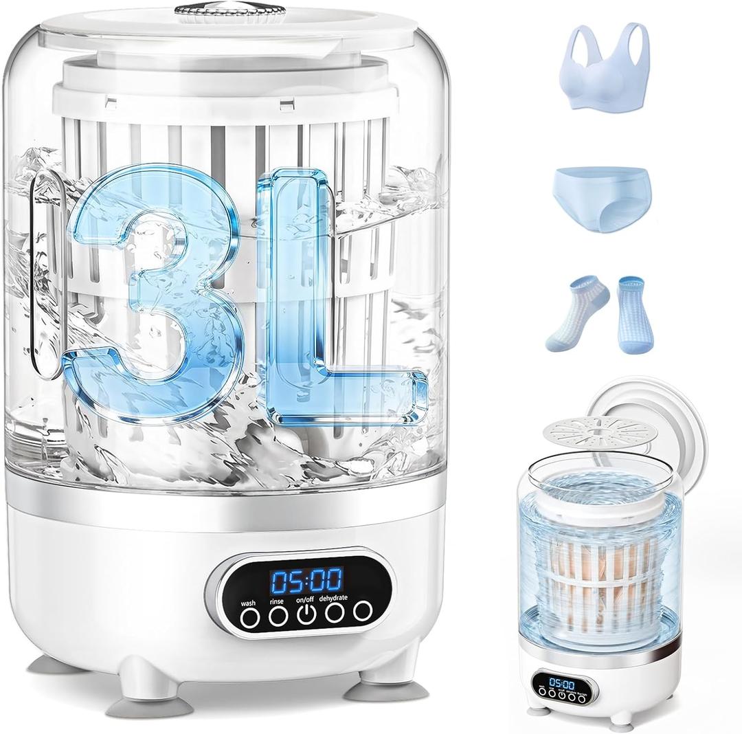 3L Cordless Portable Mini Washing Machine, Rechargeable Compact Underwear Washer with Drain Hose & Spin Basket, Small Laundry Washer for Dorm, Apartment, RV, Travel, Camping