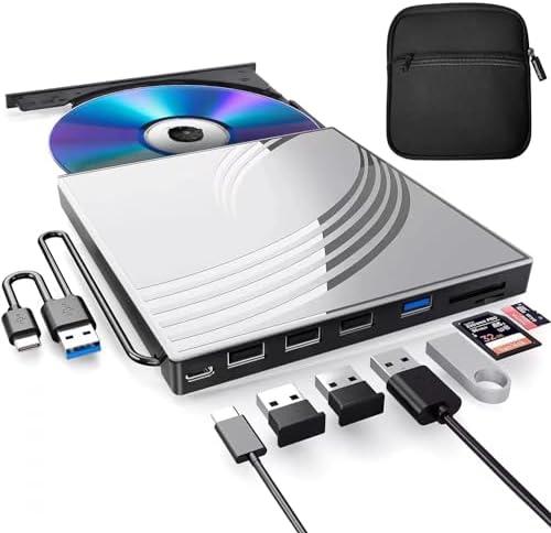 BPAKDU External CD/DVD Drive for Laptop with Carrying Case,DVD Player for Laptop,Portable CD Burner with 4 USB Ports, 2 TF/SD Card Slots,CD Disk Drive Player Reader Write, Silver