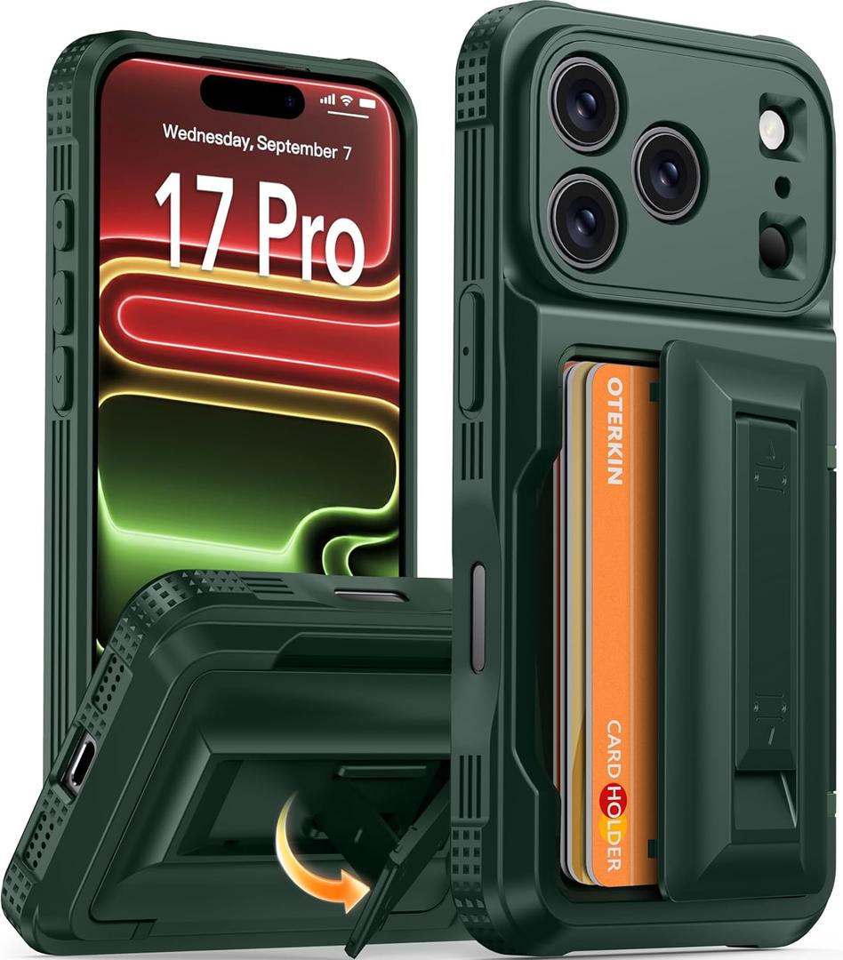 Oterkin for iPhone 17 Pro Wallet Case [4-5 Card Holder] [Kickstand] [RFID Blocking] [Full Camera Protection] [Military Grade Protection] Shockproof Rugged Phone Case for iPhone 17 Pro, Dark Green