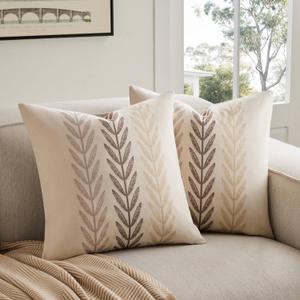 100% Cotton Farmhouse Leaves Throw Pillow Covers Set of 2, 18x18 Inch Mixed Beige Pastoral Decorative Print Cushion Covers for Sofa Bed Living Room Home Decor