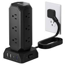 Power Strip Tower, SUPERDANNY 12 Outlets with 35W USB(2 USB-A & 2 USB-C) Charging Station, 1625W/13A, 1700J Surge Protector, 6.5ft Flat Plug Extension Cord with Multiple Outlets for Home, Office, Dorm, Black