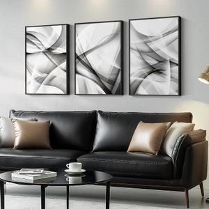 Cuspin Modern Minimalist Abstract Lines Wall Art, Set of 3 Piece Large Canvas Paintings, Black & White with Gold Accents, 16x24 In, Living Room Wall Decor