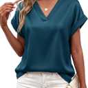 MASCOMODA Womens V Neck Silk Satin Tops Dressy Short Sleeve Work Blouses Spring Summer Loose T Shirts Business Casual Outfits (M)
