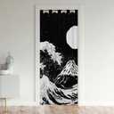 Erosebridal Moon Door Curtain For Doorway Privacy,Ocean Waves Door Window Curtain Mountain Fuji Japanese Style Marine Coastal Nautical Theme Blackout Curtain White Black, 1 Panel, 34''W X 80''L
