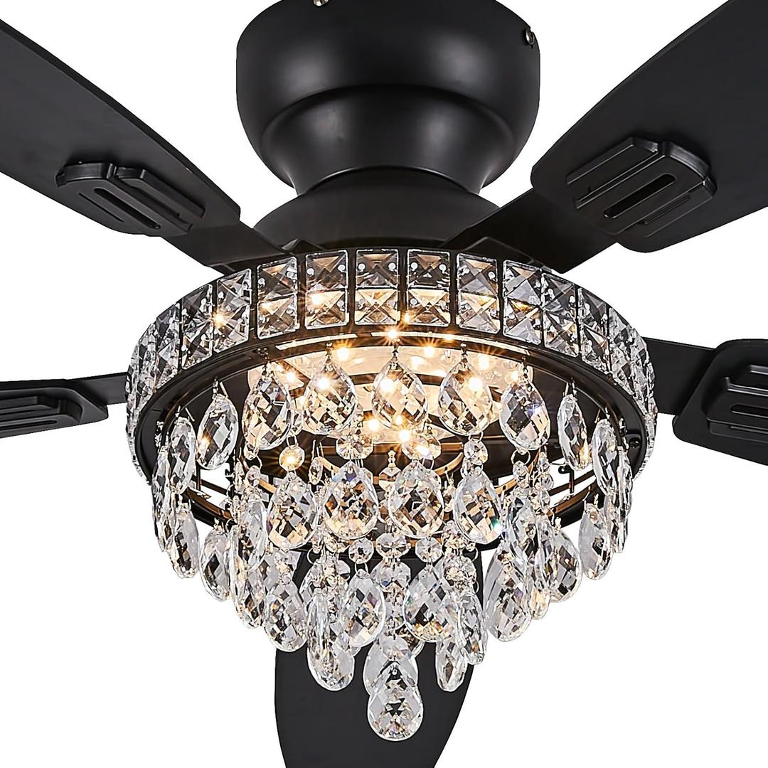 Crystal Ceiling Fan Fandelier with Lights-Ceiling Fans with Lights,50" Low Profile and Remote Control, Flush Mount, Reversible, Dimmable, Noiseless, Black Ceiling Fan for Bedroom