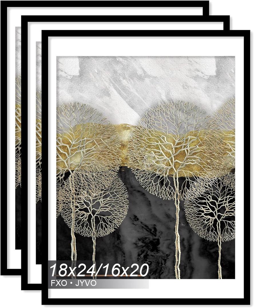 Fxojyvo 18x24 Picture Frame Set of 3, Display Poster 16x20 with Mat or 18 x 24 Without Mat, Light Weight and High Transparent 18 by 24 Frame for Wall - 3 Pack/Black/18 x24