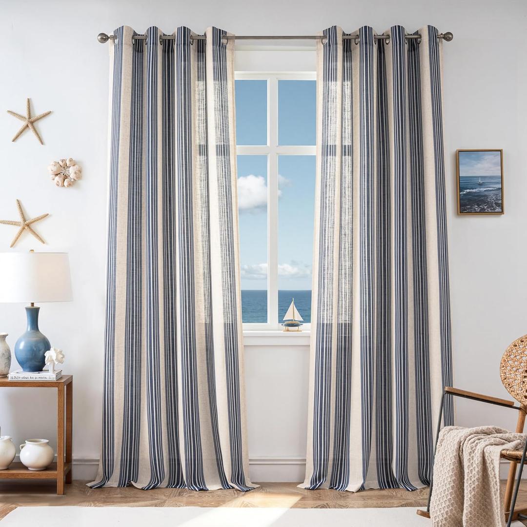 DriftAway Farmhouse Curtains for Living Room Vertical Striped Linen Curtains Semi Sheer Light Filtering Grommet Window Treatments, 84 Inches Long, 2 Panels, Dark Navy on Beige