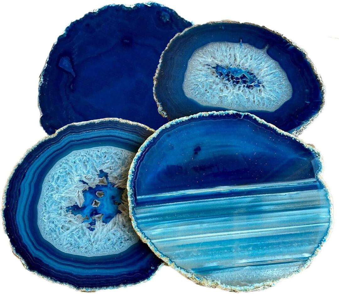 AMOYSTONE Agate Coasters Dyed Blue Set of 4 Rock Agate Slice Cup Mat for Drinks Large 4-5" with Rubber Bumpers, Home Decor AMOYSTONE Agate Coasters Dyed Blue Set of 4 Rock Agate Slice Cup Mat for Drinks Large 4-5" with Rubber Bumpers, Home Decor