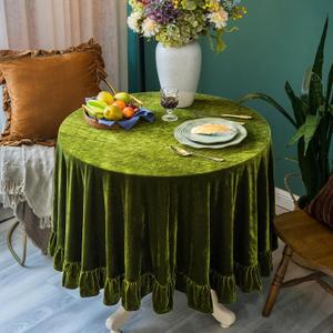 Velvet Tablecloth Luxurious Solid Round Table Cloth,Oblong Retro Farmhouse Ruffle Tablecloths Washable Table Cover for Party Wedding Baby Shower Kitchen Dinning Tabletop Decoration (Olive Green)