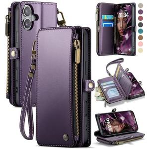 Defencase Compatible with iPhone 16 Case Wallet with RFID Blocking Card Holder for Women and Men, Fashion PU Leather Magnetic Snap Flip Zipper Strap Wallet Phone Case for iPhone 16 6.1", Purple