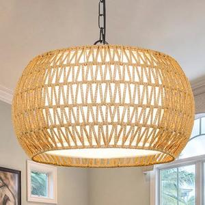 Farmhouse Chandelier Light Fixture,Rattan Boho Chandeliers for Dining Room,Large Pendant Lights Kitchen Island Hanging Light Fixtures Wicker Chandeliers for Bedroom Living Room Kitchen Nursery