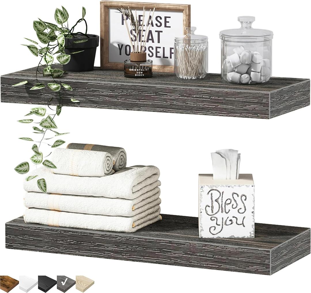 QEEIG Bathroom Floating Shelves for Wall - 15.7" Wall Mounted Shelf Over Toilet Farmhouse Home Decor Display Bookshelf Small 15.7 x 6.7 inch Set of 2, Grey (008-40GY)