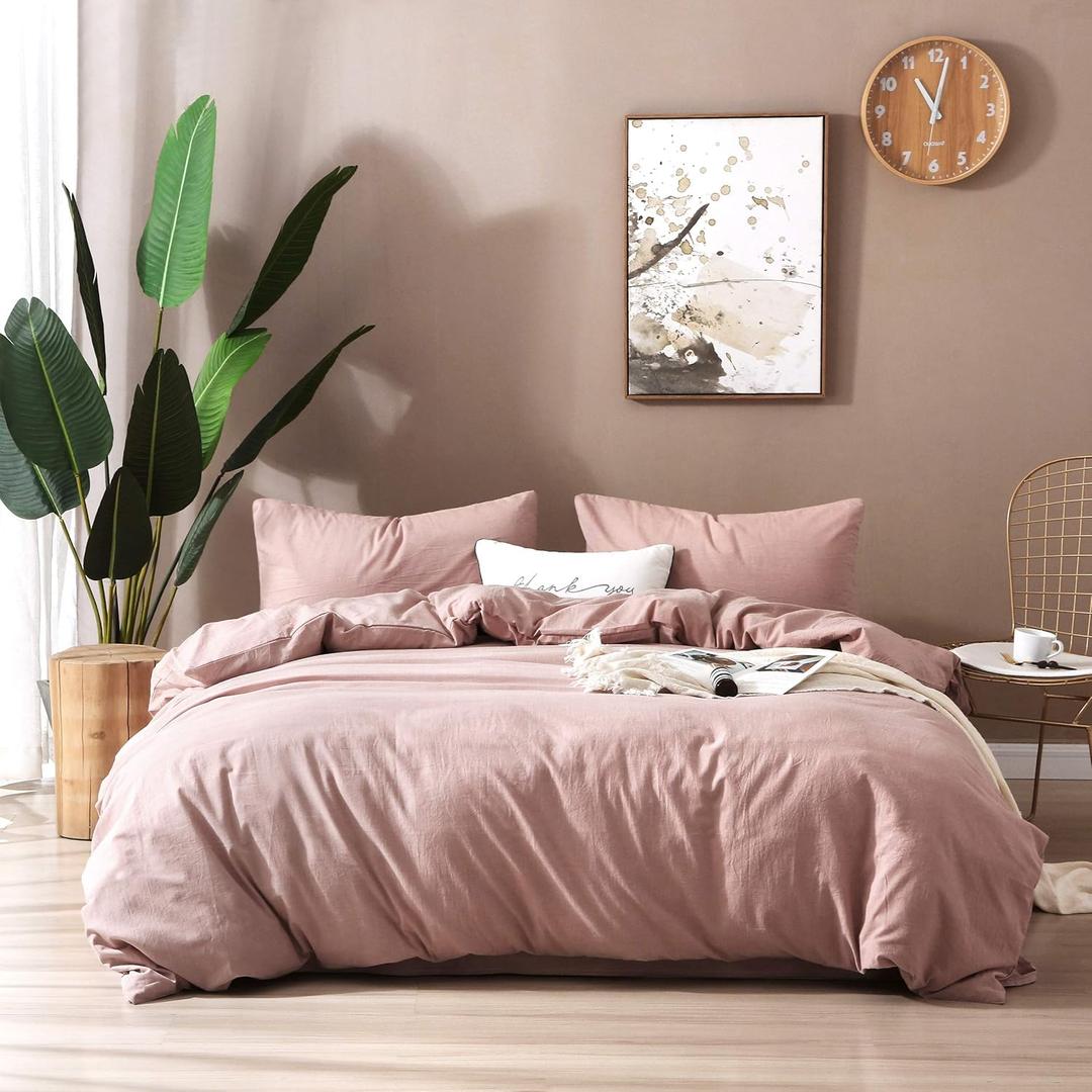 F.Y.Dreams 100% Washed Cotton Duvet Cover for Weighted Blanket 60x80 inches with 16 Ties, Zipper on Long Side/Dust Pink/Just Duvet Cover