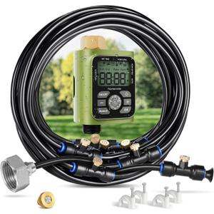 HOMENOTE Misting Cooling System with Timer, 26FT Misting Hose+7 Brass Nozzles+3/4" Brass Adapter+Water Timer with Mist Mode & Irrigation Mode, Outdoor Misters for Patio Cooling and Garden Watering