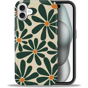 CARLOCA Case for iPhone 16,Green Retro Abstract Floral Design Hybrid Dual Protection Soft TPU Hard PC Shockproof Anti-Scratch Cover Men Women Stylish Protective Phone Case