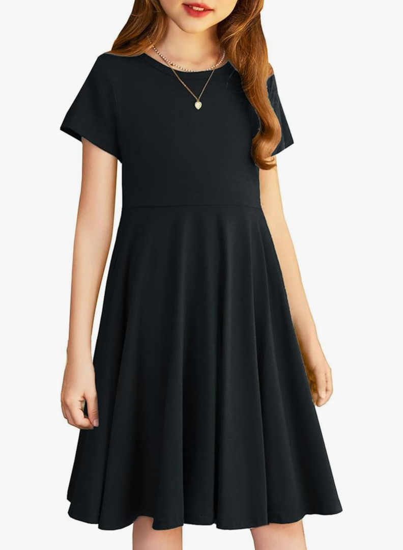 Arshiner Girl's Summer Dresses Short Sleeve Casual Holiday Skater Twirl Dress with Pockets Size 150 Black