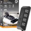 GE UltraPro 10-Outlet Surge Protector with USB, 2 USB-A, 1 USB-C, 4 Ft Braided Extension Cord, Multi Plug Outlet Extender, Adapter Spaced, Flat Plug, 3540 Joules, Charging Station, Black, 81785