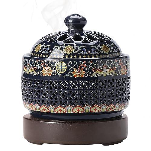 Ceramic Holder Electric Incense Burner Enamel Built-in LED Lights Simulate Flames, Classical, Elegant and High-end Hollow Design