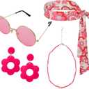 Fumwase 4pcs Hippie Costume Accessories for Women 70s Headband Hippie Earring Sunglasses Choker for 60s 70s 80s Groovy Party