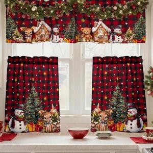 3 Pieces Christmas Kitchen Curtains Set, Plaid & Snowflake & Holly Xmas Curtains for Kitchen - Light Filtering, Easy Install Red Valances for Christmas Window Decor