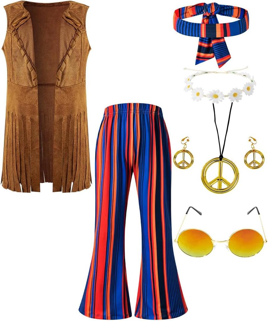 Kids Girls 60s 70s Hippie Costume Pants Set Fringe Vest Peace Flared Pants Outfits Accessories Set (10-12 Years, Blue)