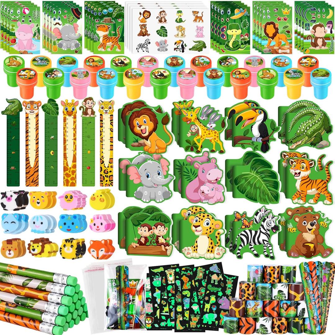 BenLouis 240Pcs Jungle Safari Party Favors Zoo Animals Sticker Stampers Slap Bracelets School Stationery Set Bulk Classroom Prizes for Kids Wild One Party Baby Shower Goodie Bags Fillers