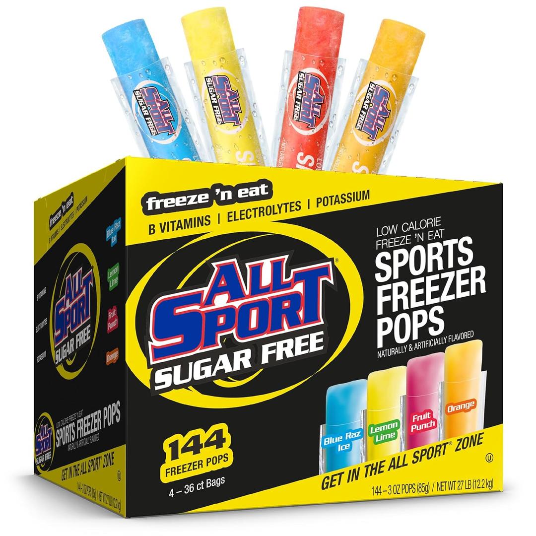 All Sport Sugar-Free - Freezer Pops, Giant Sized 3oz, 144 CT Refreshing Ice Pops with Electrolytes, B Vitamins & Potassium Blue Raz Ice, Lemon Lime, Fruit Punch & Orange