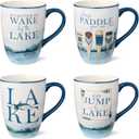 Wake at the Lake 14-Ounce JUMBO Mugs, Set of 4, Lakeside-Inspired Designs with Oars & Water Scenes, Durable Ceramic, Dishwasher & Microwave Safe, Cozy Coffee & Tea Cups for Everyday Use