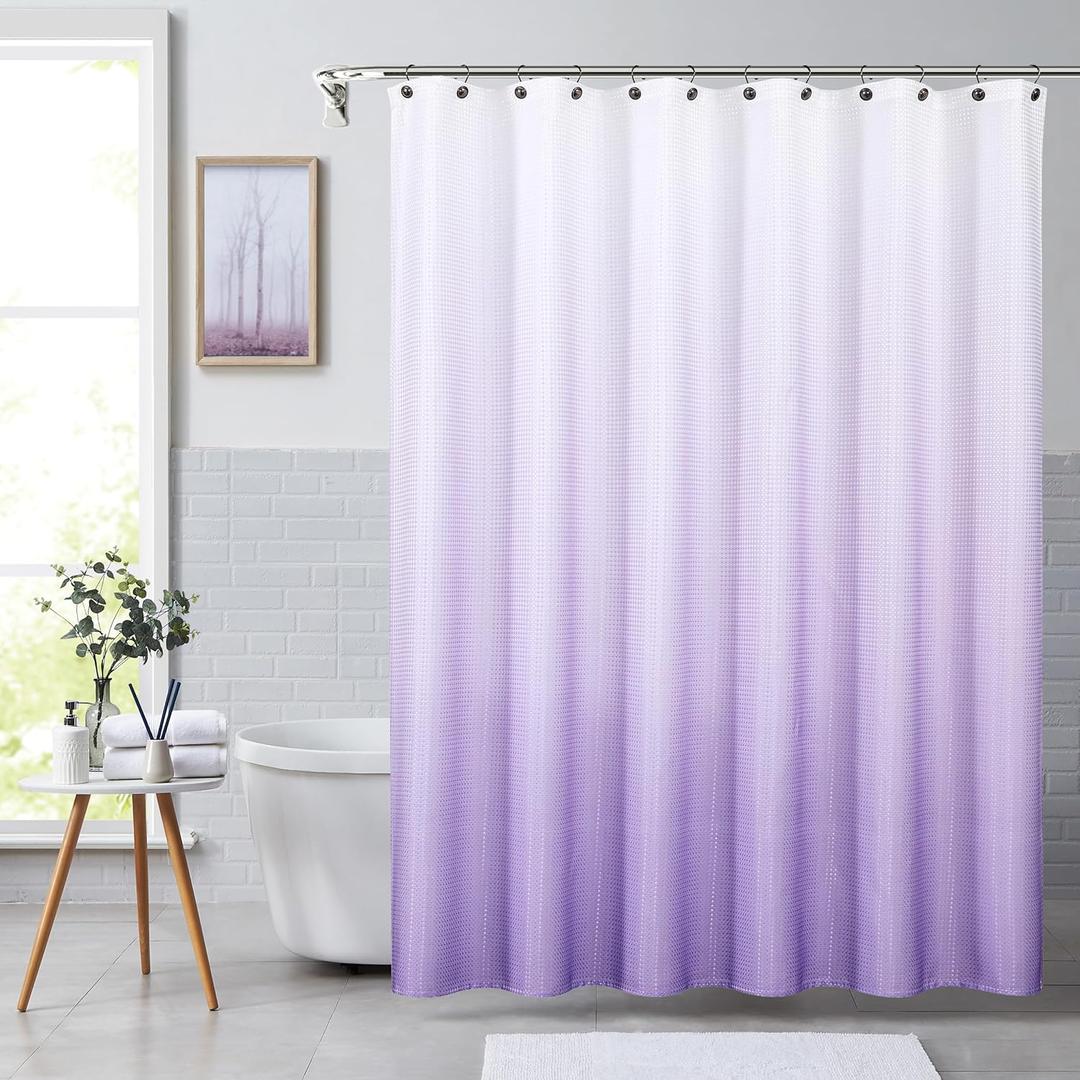 Central Park Lavender Ombre Waffle Weave Shower Curtain Water Resistant Gradient Print Bathroom Spa Hotel Decorative Fabric Shower Curtain Liner with 12 Grommets, Cream White to Purple, 70"x72"