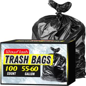 100 Count 55-60 Gallon Trash Bags, Sturdy & Tear-Resistant Commercial Can Liners 55 Gallon, Large Garbage Bags, Large Black Trash Bags for Commercial, Lawn and Leaf Bags