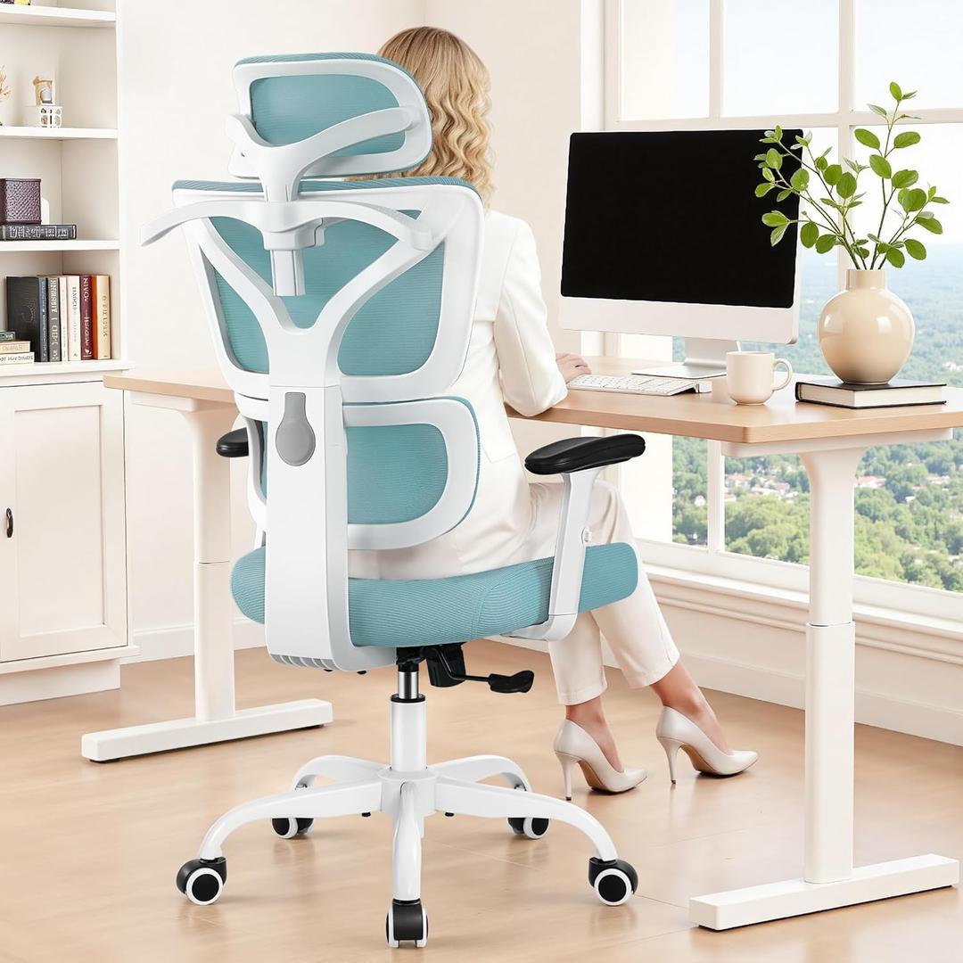 Ergonomic Office Chair High Back Desk Chair with Lumbar Support, Breathable Mesh Computer Chair with Adjustable Armrests Height, Reclining Swivel Big and Tall Gaming Chair for Home Office(Light Blue) (1 Pack)