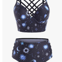 Women's Bikini Summer Bathing Suit Sun Star Moon Lattice High Waisted Tankini Swimsuit L