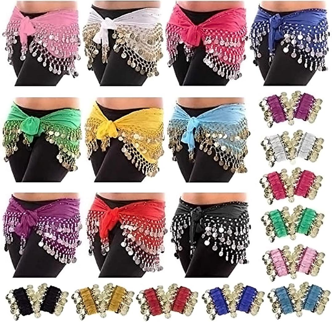 10 PCS Belly Dance Skirt and 20 PCS Belly Dance Wrist Ankle Bracelets Multicolor
