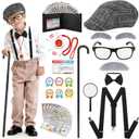 Kids 100 Days of School Costume for Boys - 1920s Old Man Grandpa Costume Set with Beret, Cane, Mustache & Wallet for 100th Day of School, Halloween, Pretend Play Dress Up