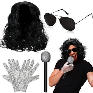 4 Pcs Disco Costume Kit Halloween Pop Dance Star Costume with Wig Glove Microphone Sunglasses for Pop Stage 80s 90s Cosplay