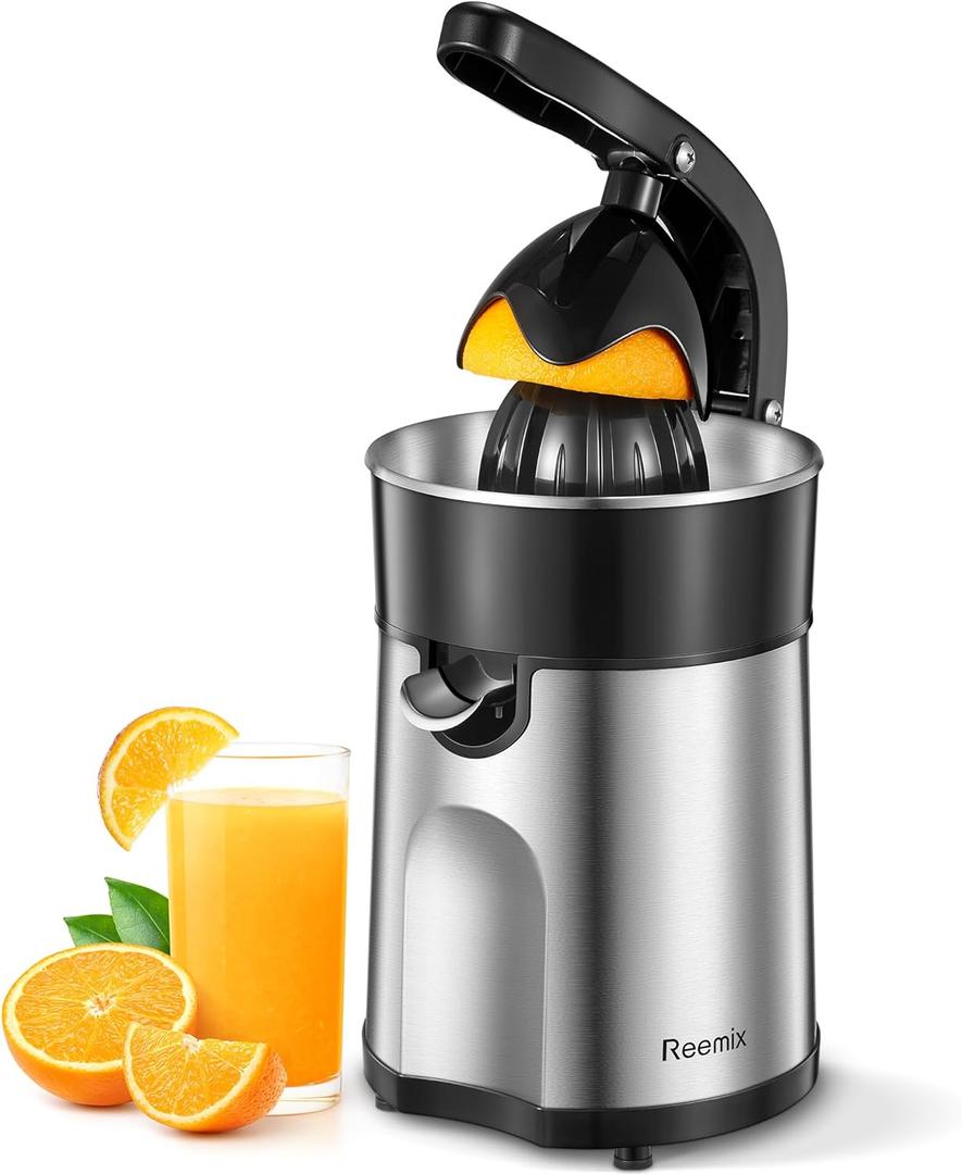 Electric Citrus Juicer Squeezer, Orange Juicer with Two Interchangeable Cones, Suitable for orange, lemon and Grapefruit, Brushed Stainless Steel, Easy to Clean and Use (Black+Silver)