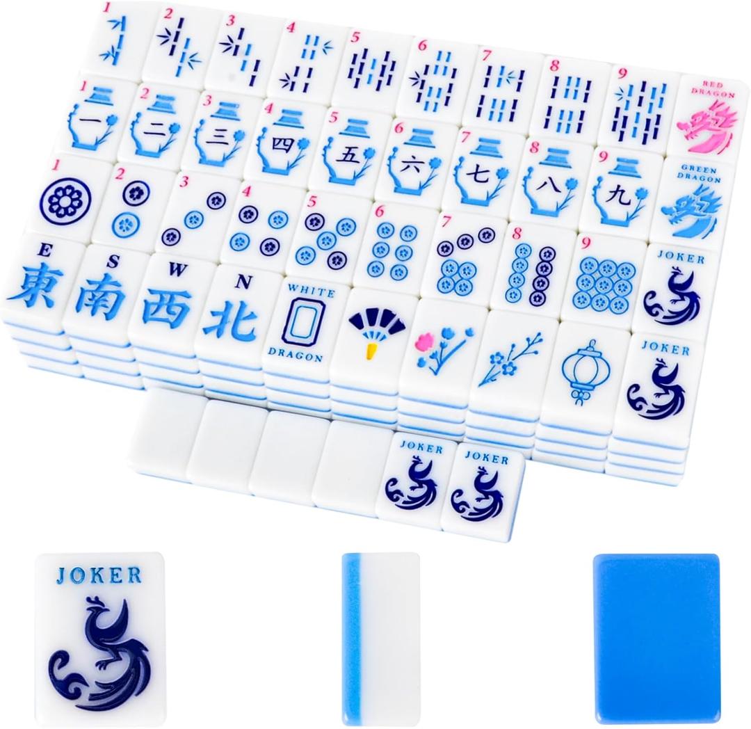 American Mahjong Tile(Only Tiles), 166 Quality Engraved Tiles Blue Backboard, 1.2 inch American Mahjong Game with Carrying Bag/Dice/Chips, Creative Design Patterns, Ideal Mahjong Gifts (No Rack)