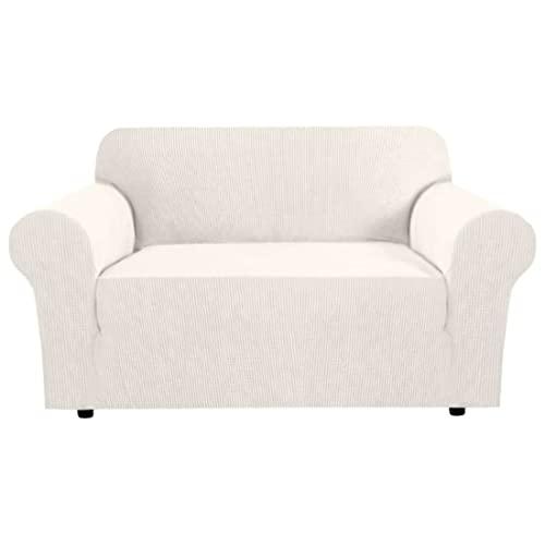 H.VERSAILTEX Stretch Couch Cover 2 Cushion Sofa Loveseat Slipcover|Sofa Cover for Love seat 1 Piece with Elastic Bottom, Textured Checked Jacquard Fabric(Loveseat 58"-70" Wide, Ivory)