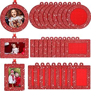 Jetec 30 Pcs Christmas Photo Frame Ornaments with Rope Mini Felt Hanging Picture Frame Round Square Rectangle Xmas Tree Decoration for Holiday Party Decor(Glitter)
