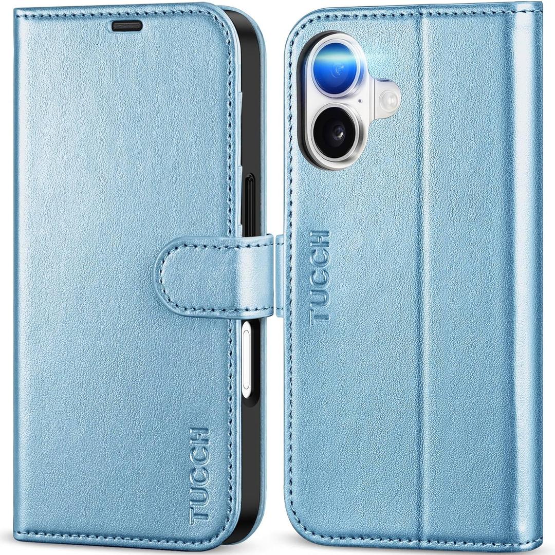TUCCH Case Wallet for iPhone 17 (6.3-Inch) 2025, RFID Blocking 4 Card Slots, Kickstand, Magnetic Closure, PU Leather, Shockproof TPU Shell, Protective Flip Folio Cover, Pearly Light Blue