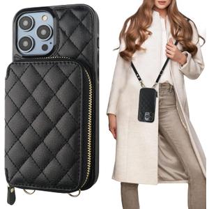 Bocasal Crossbody Wallet Case for iPhone 14 Pro, RFID Blocking PU Leather Zipper Handbag Purse Flip Cover, Kickstand Folio Case with Card Slots Holder Wrist Strap Lanyard 5G 6.1 Inch (Black)