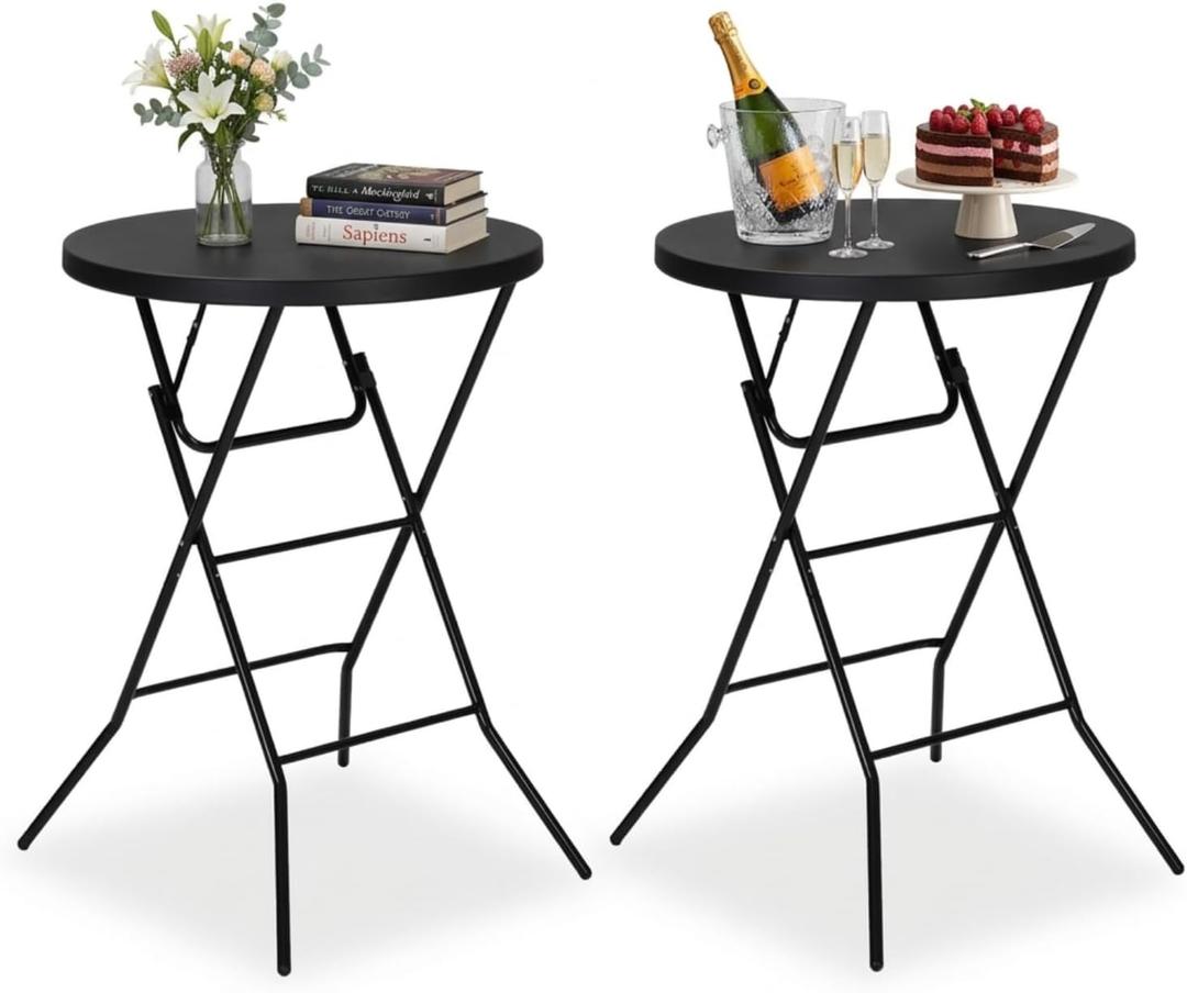 32" Round Folding Table, Portable Bar Height Folding Table with Detachable Legs, Round Foldable Table with HDPE Top for Standing Parties, Balcony, Event, Indoor Outdoor Use (Black, 2 Pack)