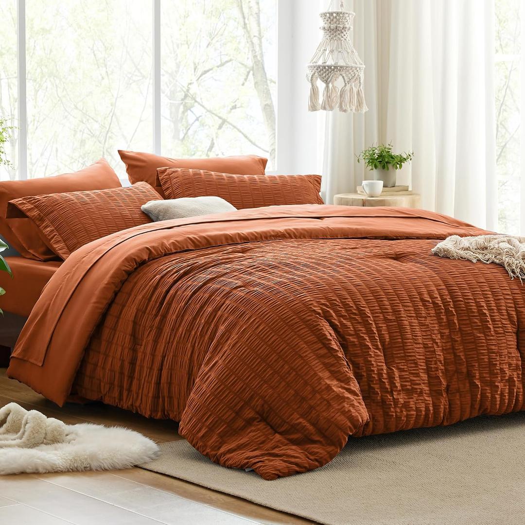 Love's cabin Seersucker Terracotta King Size Comforter Set, 7-Piece All Season Lightweight Bed in a Bag Bedding Set with Comforter, Flat Sheet, Fitted Sheet, Pillowcases and Shams